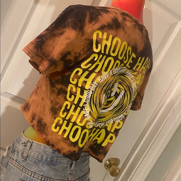 Chemistry Black and Orange Reverse Tie Dye Choose Happy Graphic Crop T-Shirt - Picture 10 of 14